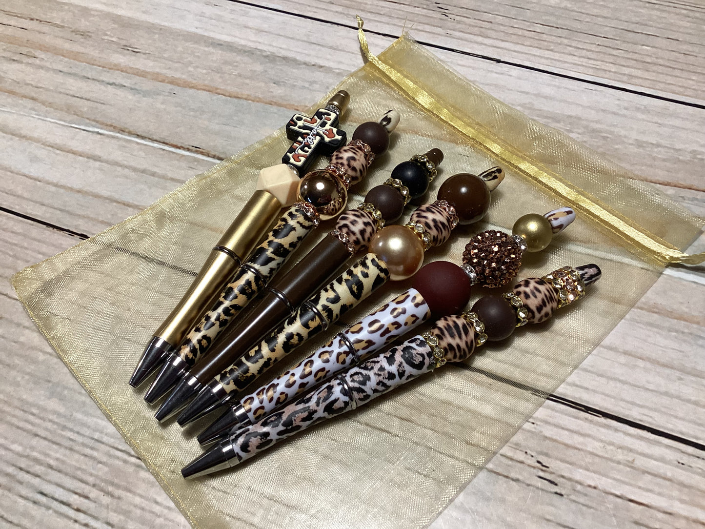 Beaded ink pens-Gold, brown animal print, 1 pc