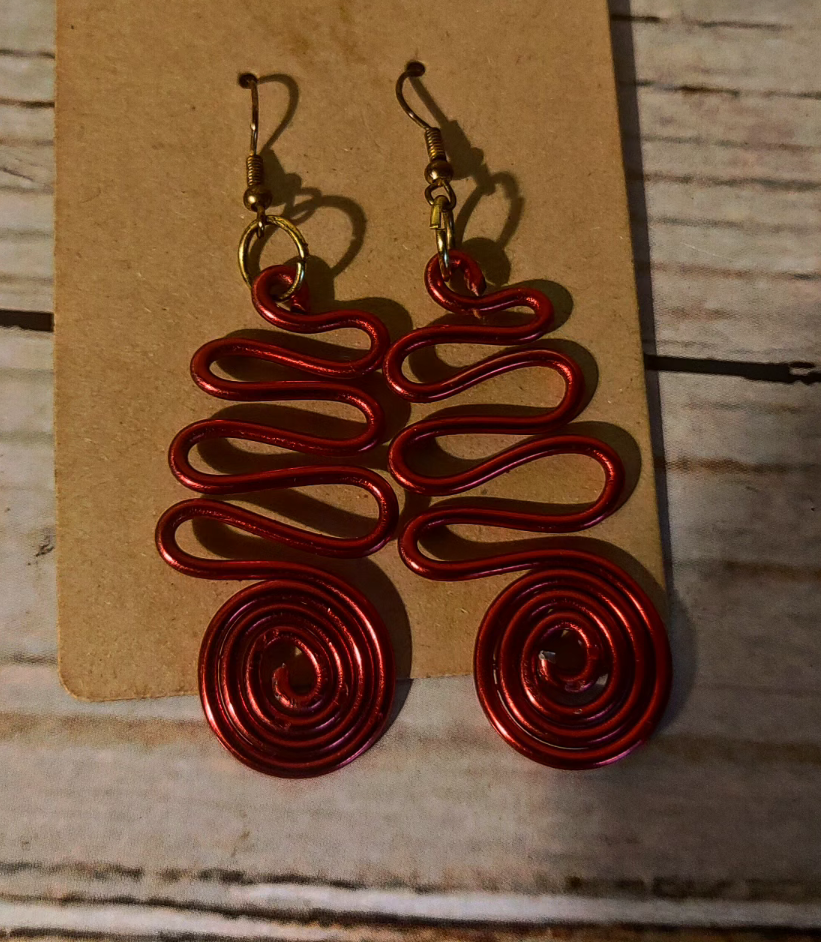 Red abstract wire earrings, 2mm